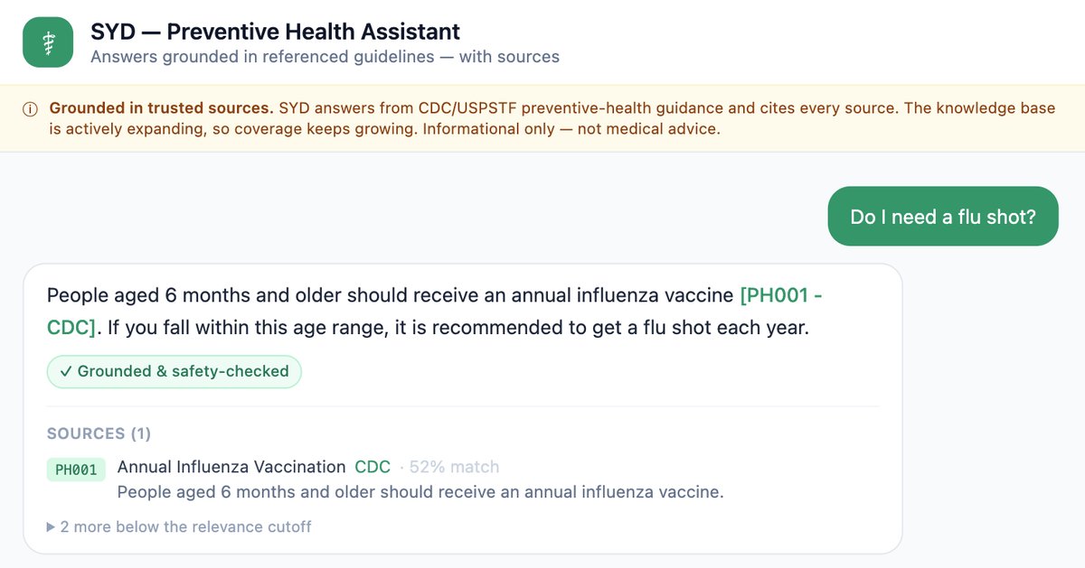 SYD answering a flu shot question with a cited CDC source